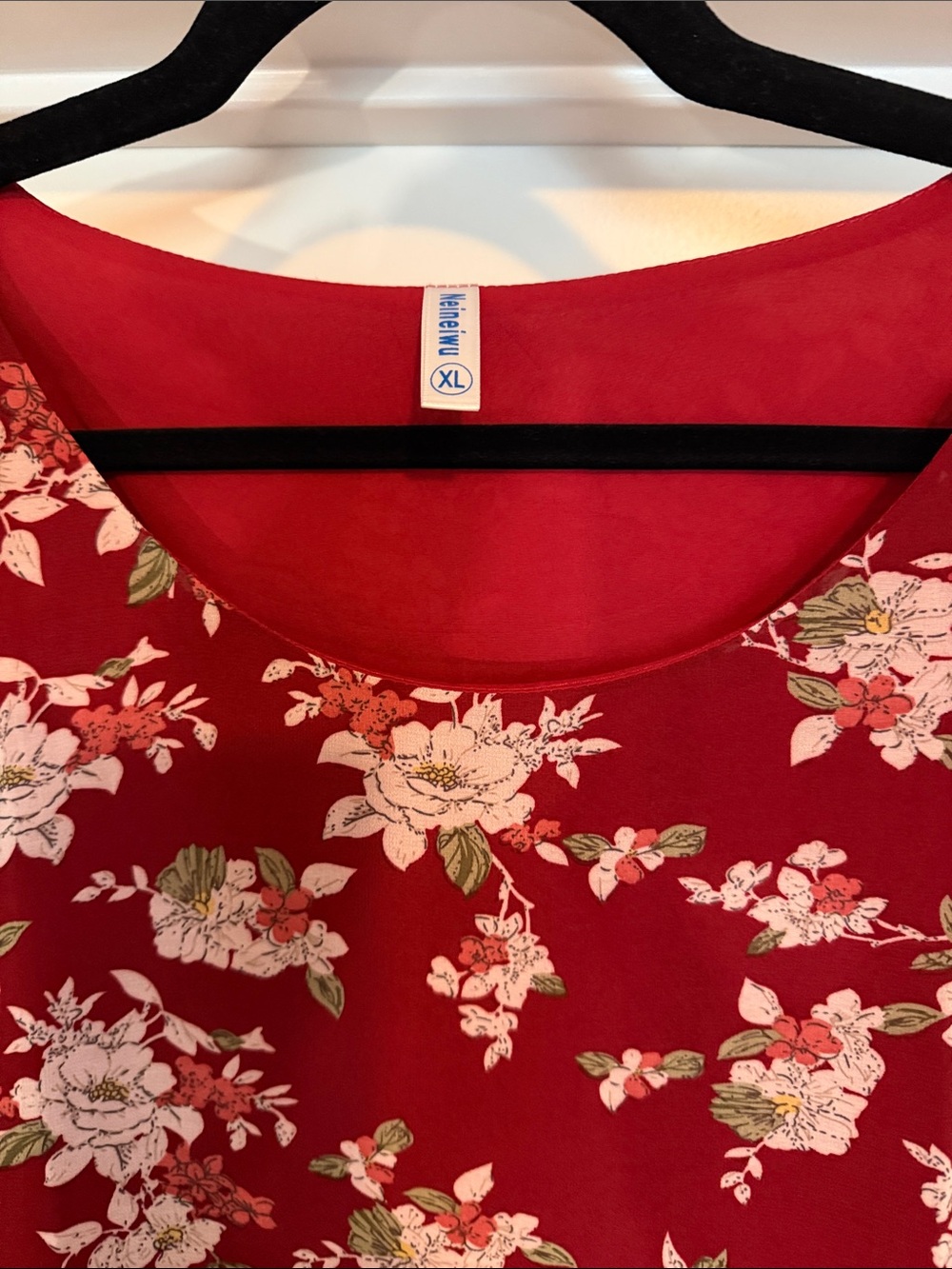 Floral Red Scoop Neck Chiffon Blouse 3/4 sleeve